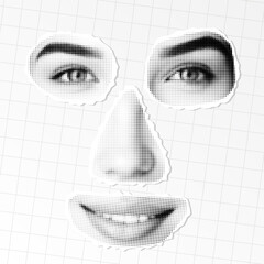 Halftone Facial Features Cutout – Vector Composition of Eyes, Nose, and Mouth on Grid Background

