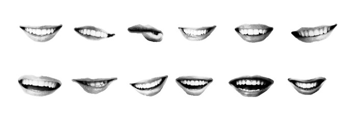 Set of Smiling Mouths in Halftone Style – Vector Collection of Lips and Teeth Expressions