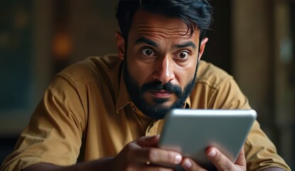 indian man looking shocked while using tablet