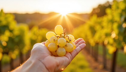 Hand holding a bunch of fresh white grapes against blurred vineyard background