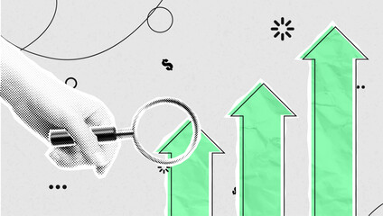 Business Growth Analysis with Magnifying Glass and Upward Arrows – Pop Art Vector Illustration