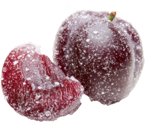 Frosted Purple Plum with a Bite Taken Out Sitting on a Transparent Background