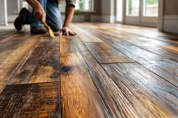 Close-up of waterproof laminate flooring being sealed by hand. DIY home improvement scene with textured wood-look planks and natural sunlight.