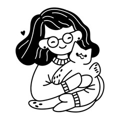 Girl Hugging Black Cat &ndash; Hand Drawn Pet Love and Feline Friendship Vector Illustration