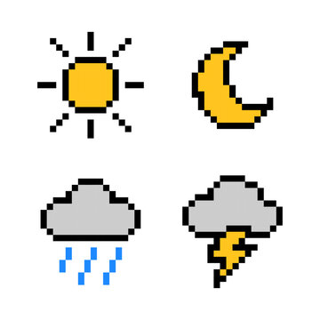 Pixel Weather Icons Set &ndash; 8-Bit Style Sun, Moon, Rain, and Storm Symbols