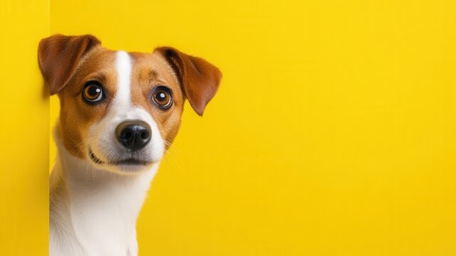 Brown white dog peeking around bright yellow corner with playful curious expression, revealing adorable personality