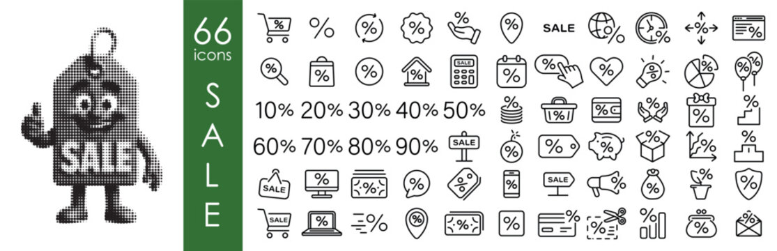 Sale and Discount Icon Set with Halftone Tag Character – 66 Promotion and Percentage Line Vector Symbols