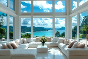 Fototapeta premium Modern loft lounge with tropical shoreline