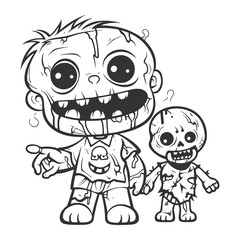 Cute Zombie Boy with Evil Doll – Cartoon Halloween Undead Character Line Art Illustration