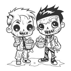 Cute Zombie Boys Eating Brains – Funny Halloween Cartoon Characters Line Art Illustration