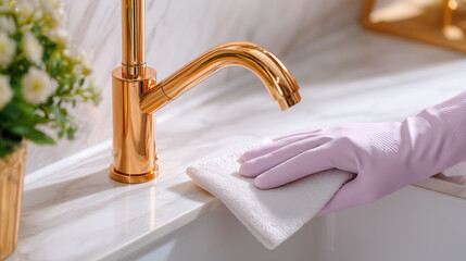 Hand in pink gloves cleaning countertop near faucet and flower vase