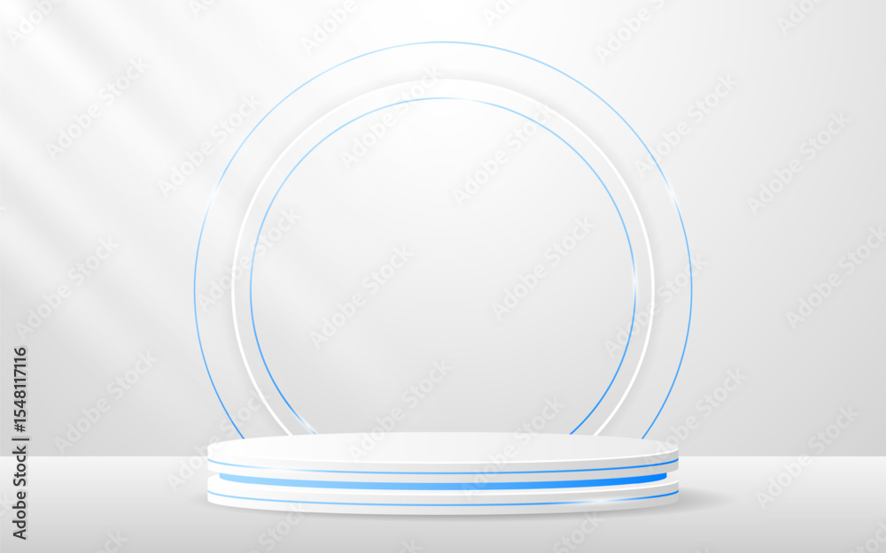 Poster white podium has a white round shape and elegant blue lines on the back for advertisement display. c