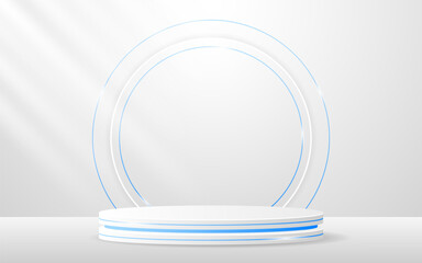 White podium has a white round shape and elegant blue lines on the back for advertisement display. Cosmetic product display. Stage or podium. vector illustration	