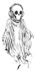 Ghost with Headphones Sketch – Cool Skeleton Spirit Illustration in Streetwear Style