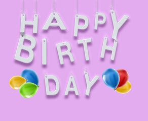 Happy birthday letters with colorful balloons on a pink background