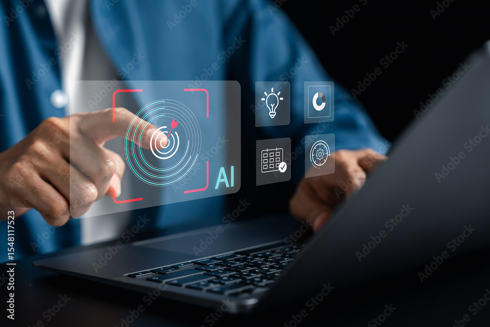 Poster AI technology for digital marketing strategy and data targeting. Enhance business efficiency with artificial intelligence for customer insights, campaign planning, and goal achievement.