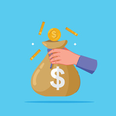 illustration of hand holding money bag with flying coins, symbol of economy and exchange in flat style