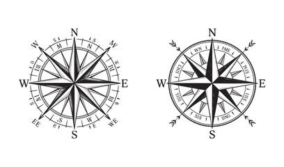 Vintage Compass Rose set– Hand-Drawn Black and White Nautical Illustration