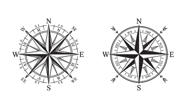 Vintage Compass Rose set&ndash; Hand-Drawn Black and White Nautical Illustration