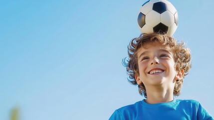 Obraz premium Young soccer player balancing ball on head, gazing upward under soft blurred lighting