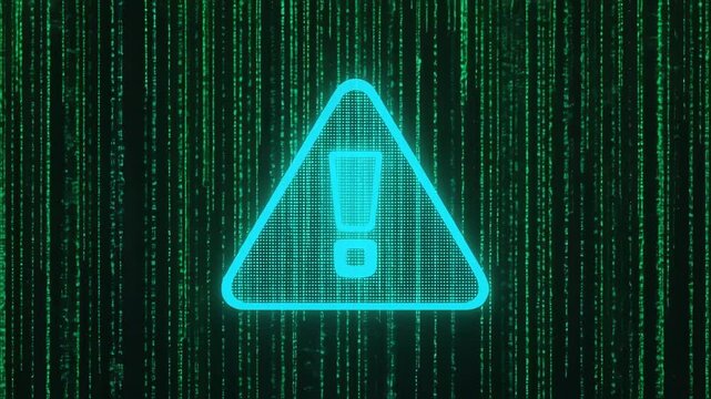 Digital warning alert symbol glowing against cascading matrix code representing cybersecurity threat or system error notification.