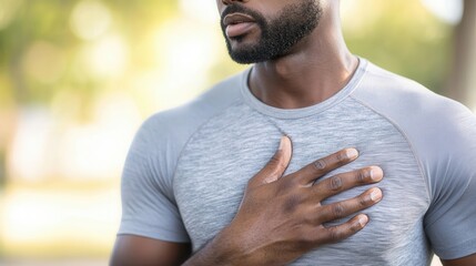 Black male runner experiencing chest pain, grimacing while stopping during outdoor training session on athletic track