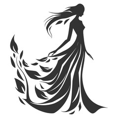 Stylized Silhouette of Elegant Woman with Flowing Leaf Dress – Fashion and Nature Inspired Vector Art
