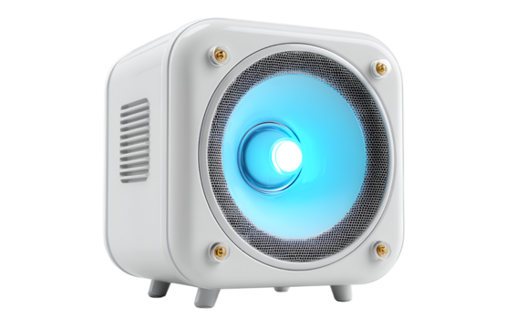 A white plastic outdoor loudspeaker with rounded edges and a front light, 3D rendering illustration on a transparent background - Powered by Adobe