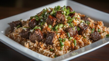 Fototapeta premium Beef fried rice on a white plate with contrasting dark sauce drizzled and fresh scallions scattered