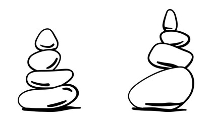 Set of zen stone cairns in doodle outline style. Hand drawn symbols of balance, harmony, yoga, and relaxation. Minimal boho stone pyramids. Vector clipart for posters or prints.