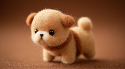 Cute handmade puppy with soft fluffy fur sitting in brown color background