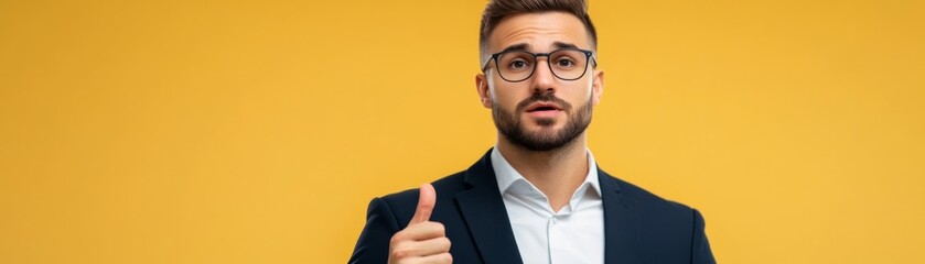 Surprised Man with Glasses Giving Thumbs Up on Yellow, Approval , Success