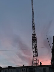 communication tower on the background of a beautiful sunset