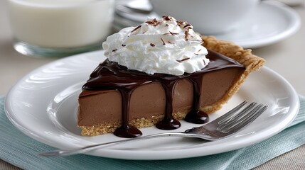 Close-up of a tempting chocolate mousse pie slice topped with cream, chocolate shavings, and coffee beans, perfect for dessert lovers