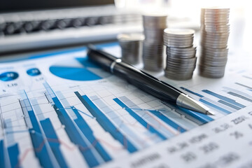 Closeup of financial documents showing bar graphs pie charts and stacks of coins with a black pen resting on top