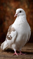 Obraz premium An all-white dove perches on wood, its intricate feathers illuminated by soft natural light, evoking serenity