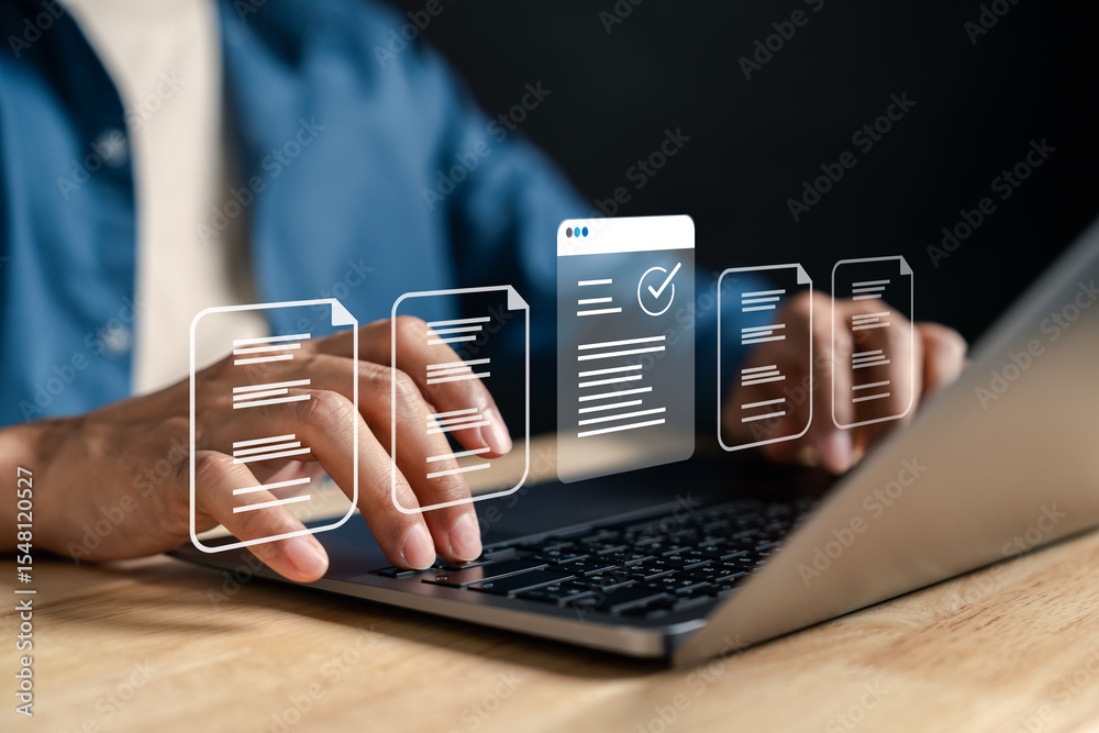 Fototapete Document checklist and digital online form concept for data entry, electronic approval, form submission, and workflow management system in modern office with hand using laptop.