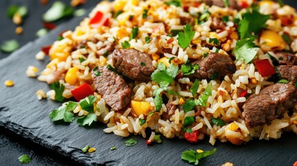Colorful fried rice with tender beef slices, garnished with cilantro and chili, served on a slate board