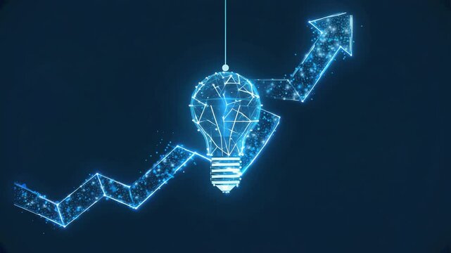 Glowing digital light bulb with network pattern intersects rising trend line symbolizing innovation driving business growth.