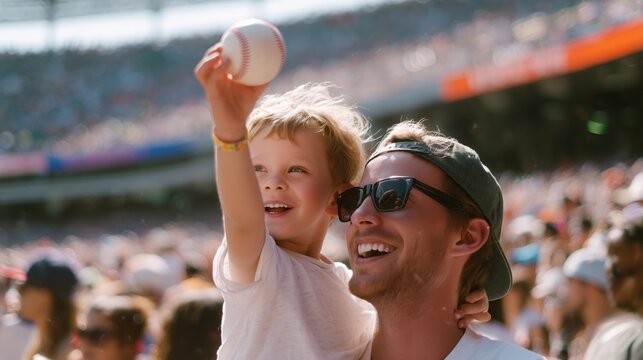 Fototapeta Enjoying a baseball game together at the stadium on a sunny afternoon with family and friends for a fun day out