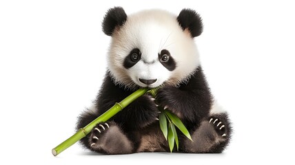 Fototapeta premium A cute panda cub sitting and eating bamboo on a white background.