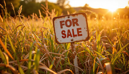 For sale sign standing in tall grass during golden hour  