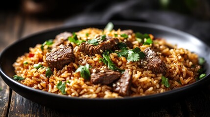 Dark wooden background with beef fried rice elegantly served, garnished with sesame seeds and chopped herbs