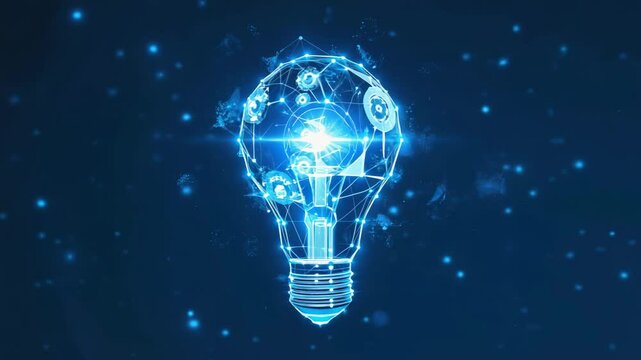 Digital wireframe lightbulb containing glowing key representing breakthrough ideas, innovation solutions, and unlocking creative business potential.