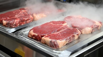 Dual-lane vacuum packaging machine sealing beef steaks in steamy processing atmosphere