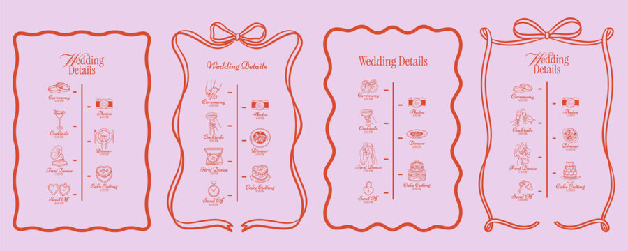 Wedding timeline infographic with minimalist schedule variations, program cards. Linear icons for ceremony, dinner, cake, dance. Elegant outline design for printed wedding materials, invitation.