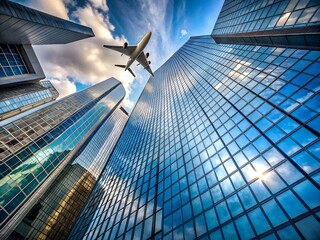 Airplane flying over modern glass skyscrapers, blue sky, clouds