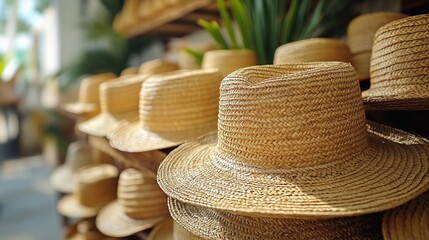 Handcrafted Straw Hats on Display in a Traditional Market