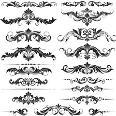Decorative black vintage flourishes and ornaments on white background  
