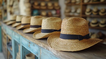 Handcrafted Straw Hats on Display in a Traditional Market